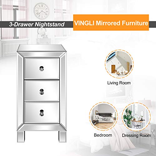 Image of VINGLI Mirrored Nightstand with 3-Drawers Silver Side End Table Mirrored Furniture for Small Space, Bedroom, Living Room