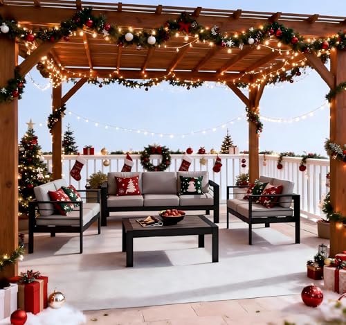 Image of 8 Pieces Outdoor Conversation Sets, Aluminum Patio Couch with Outdoor Coffee Table, All-Weather Metal Patio Couch with Thick and Soft Cushion and Wide Arm, Outdoor Sofa Sets for Balcony, Light Gray