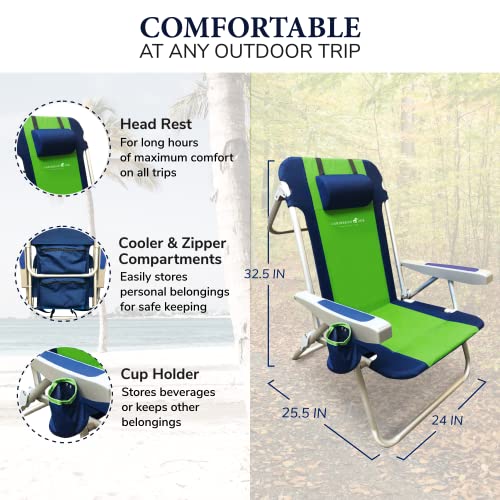 Caribbean Joe Folding Beach Chair, 5 Position Portable Backpack Foldable Camping Chair With Headrest, Cup Holder, And Armrests, Navy/Green #TOP2