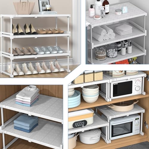 BOYIFEIJIE Stapelbarer Schrank Organizer - Verstellbares Regalsystem ohne Bohren - Weißes Metallgestell für Kleiderschrank & Küche - Platzsparende Aufbewahrung für Bad & Wohnung