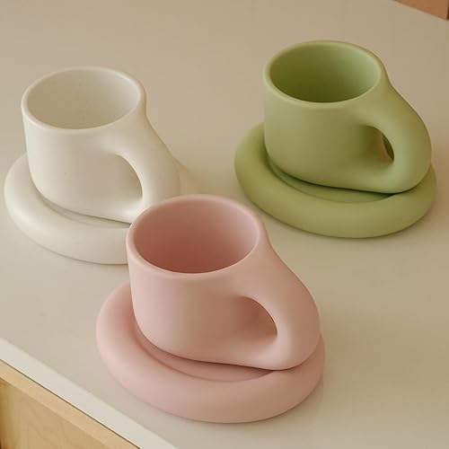 Vista 24 de WENSHUO Chubby - Taza de café divertida, taza y platillo lindo, crema mate, 9 onzas (crema mate)