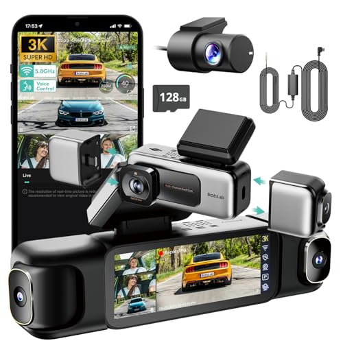 BOTSLAB 3K 4 Channel Dash Cam 3K/4K Front and 3 * 1080p Car Camera Left Right Rear with 560 Wide Angle 24/7 Parking Mode Built-in 5.8GHz WiFi and GPS Included 128GB SD Card and Hardwire Kit