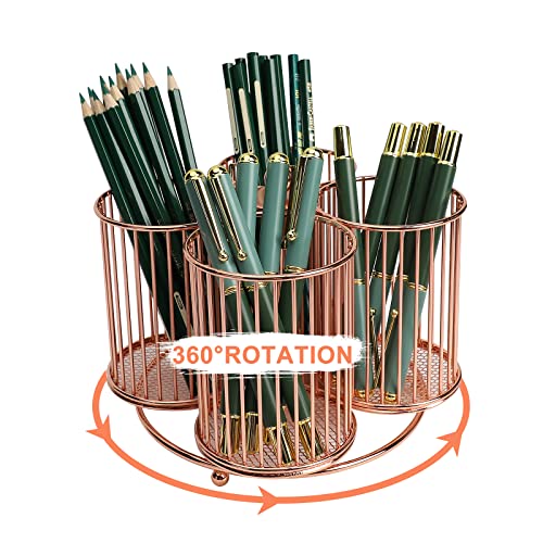 Amyzavls Bureau Porte-Stylo Rotatif, Organisateur de Bureau, Porte-Stylo Anti-Rayures avec 4 Compartiments, Grande Capacité, Style Moderne pour le Bureau, l'école, l'étude 【Or rose】 Cover