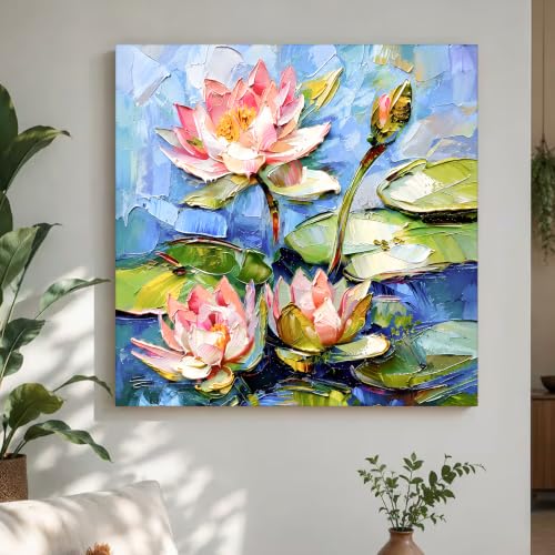 Image of PAINTINGMANTRA Lotus Flower Canvas Wall Art Painting for wall decoration, Lotus Flower Pond Floral Stretched Canvas for Living Room, bedroom, Home and Office, 22x22 Inch