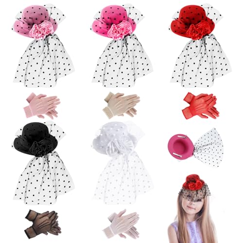 10 Pcs Mini Tea Party Hats for Girls with Gloves Sets, Mini Hat Hair Clip Fascinators Veil Mesh Hats Tea Party Accessories for Girls Kids, 5.3'' Diam, Multicolor