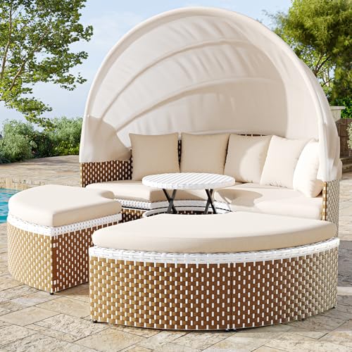Zepneiy Salon de Jardin Exterieur, Transat Jardin Exterieur imperméable avec auvent Extensible et Plateau Table relevable, Canapé lit Double Multifonction,...