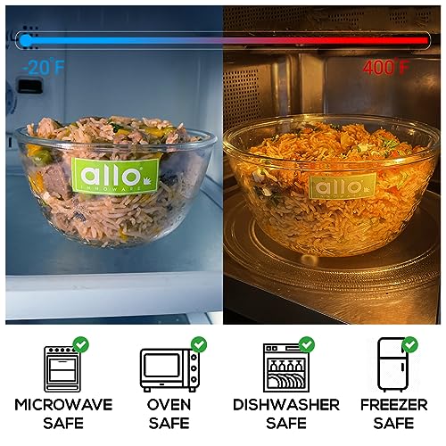 Allo Food Safe Borosilicate Glass Mixing & Serving Bowls for Kitchen, Oven & Microwave Safe Bowls, Dishwasher and Freezer Safe Bowls, Set of 3 500ML, 1000ML, 1600ML, Transparent