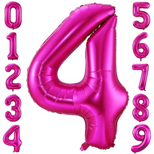 40in Hot Pink 4 Balloon, Helium Foil Mylar Giant Number 4 Balloon for Girls Birthday Party Wedding Anniversary Decoration