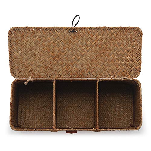 DOKOT Seagrass Woven Storage Basket with Lid, Rectangular Narrow Tampon Toilet Tank Organizer - Image 4