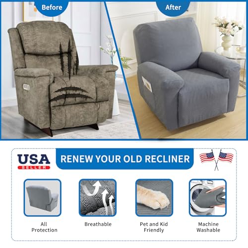XINEAGE 4-Piece Recliner Cover Stretch Jacquard Slipcover with Pocket, Washable Recliner Chair Protector for Kids, Pets, Dogs, Cats (Light Gray)