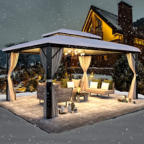 YOLENY 12'x16' Hardtop Gazebo, Outdoor Polycarbonate Double Roof Canopy, Aluminum Frame Permanent Pavilion with Curtains and Netting, Sunshade for Garden, Patio, Lawns - Thumbnail 2