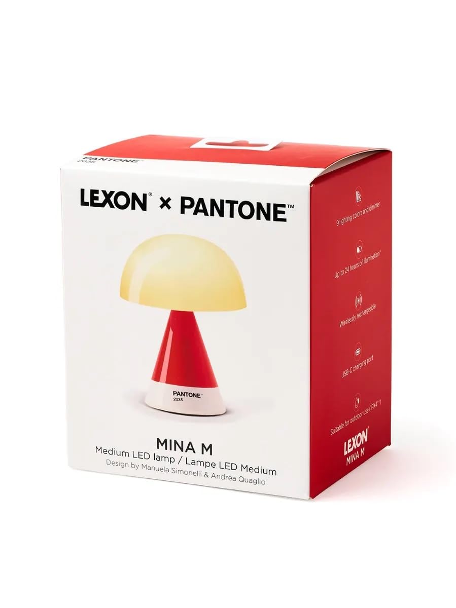 Lexon Pantone Mina M Mushroom Lampada da tavolo - Luce notturna portatile per camera da letto, bambini e cameretta dei bambini, 9 colori LED, lampada da tavolo ricaricabile con 24 ore e dimmer (rosso)