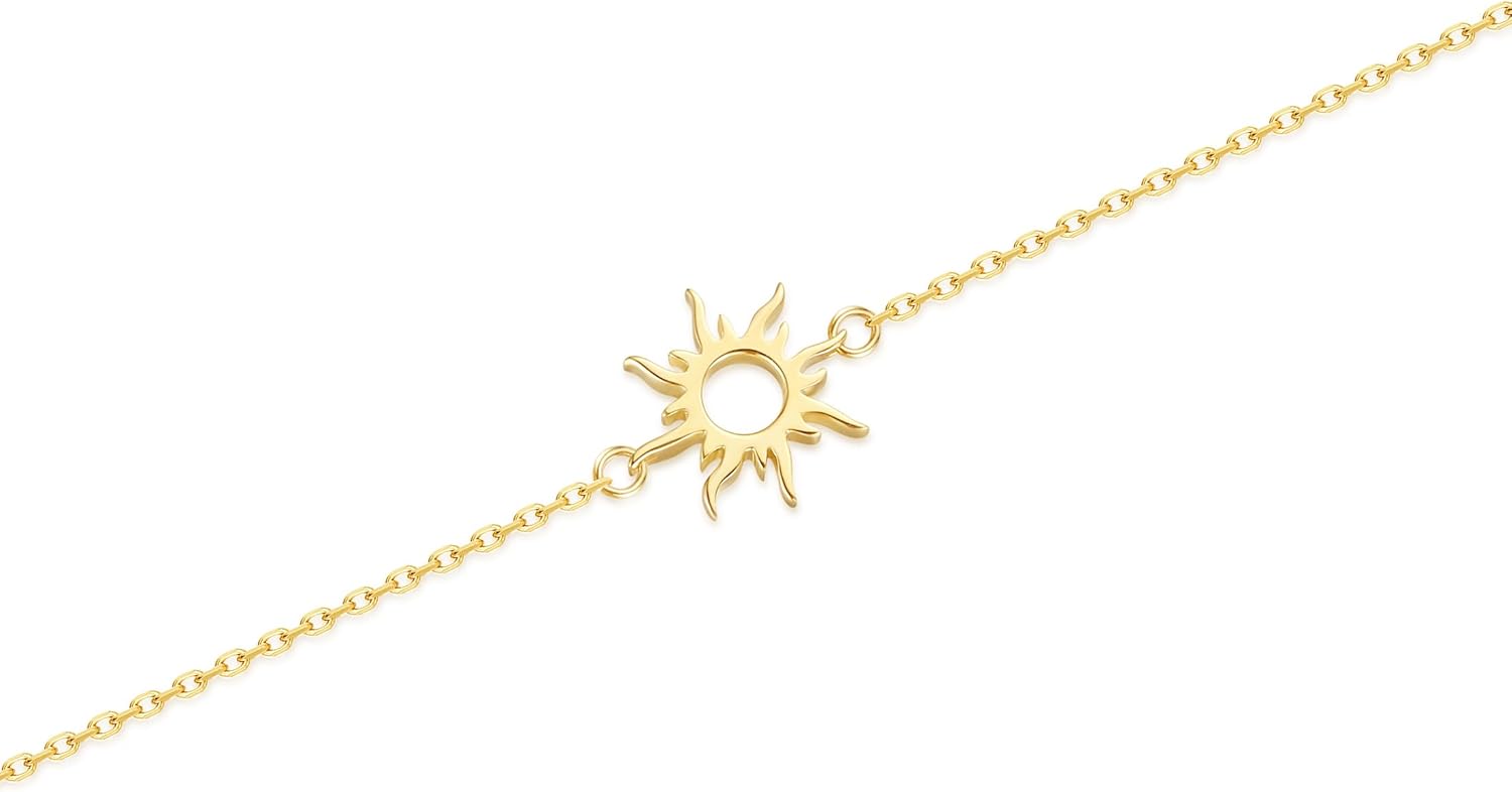 FANCIME 14k Solid Yellow Gold Sun Charm Bracelet Fine Jewelry Anniversary Birthday Gifts for Women, 6.7"+ 1.2" Extender