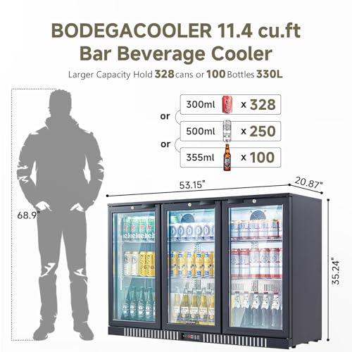 BODEGACOOLER Back Bar Cooler With 3 Glass Doors,11.4 Cu.Ft Commercial Back Bar Fridge with LED Lighting,Counter Height Bar Outdoor Beverage Cooler for Beer,Soda Drinks,Wine