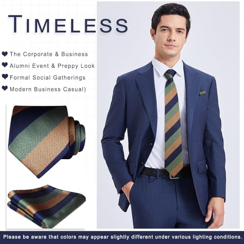Image of HISDERN Mens Striped Tie and Pocket Square Set Necktie for Men | soft smooth texture, wrinkle-free, neat hand-tied knot, gifting ready, regular 3.4 width, coordinated look, business wedding