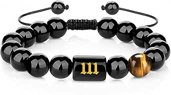 Kalapure Angel Number Bracelet, Natural Black Onyx Tiger Eye Stone Beads Bracelet, Gold 111 222 333 444 555 666 777 888 999 Pendant Number Bracelets