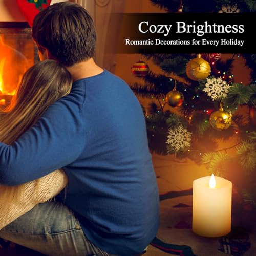 Image of 3x4 Flickering Flameless Candles Set of 1,Real Wax Pillar LED Candles with Battery,with Timer,4 inch Flameless Candles with Remote,for Christmas /Halloween /Party /Wedding,Ivory