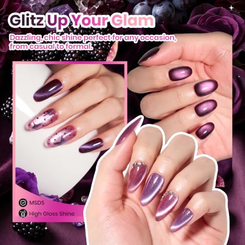 Image of Beetles Purple Cat Eye Gel Nail Polish Set, Plum Moonlit 6 Colors Glitter | Fall Gel Polish Kit Magnetic 3D Shimmer Effect Soak Off UV DIY Salon Nail Art Manicure Gift for Women