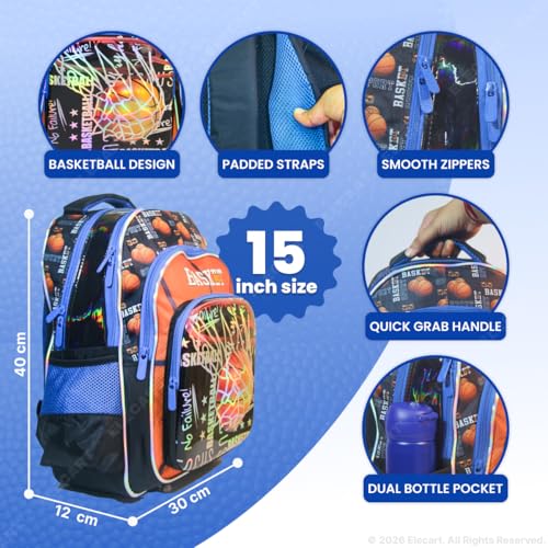 Image of Basketball School Bag Combo Set for Boys | 15 Inch Sports Backpack with Matching Lunch Bag | Lightweight Waterproof |School Essentials for Nursery, Kindergarten & Primary Students