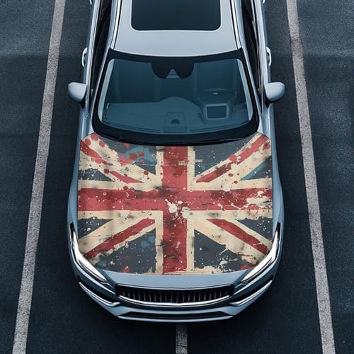 Image of British Flag Car Hood Cover Protector for Most Vehicles Sedans Trucks SUVs, Stretchable Auto Accessories, Tea-Stains British Union Jack Flag Car Bonnet Banner