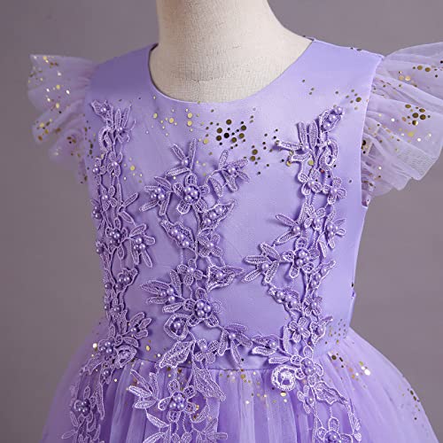 Vestido de niña de flores suave y cómodo de tul largo para fiestas sin picazón lila 3