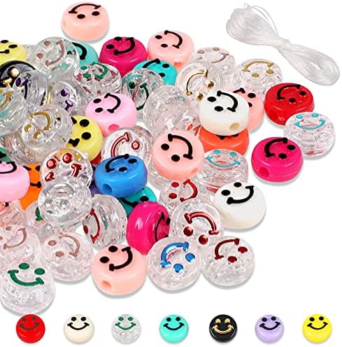 Smiley Face Beads - Reastar 100PCS Smiley Beads, Acrylic Happy Face Beads with Clear Elastic Thread, Mixed Color Smiley Face Beads Jewellery Making - for Bracelets, Necklaces, Jewellery Making