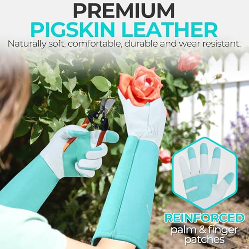 Image of HANDLANDY Rose Pruning Gloves for Men Women, Thorn Proof Gardening Gloves | Long Leather Gardening Gloves, Breathable Leather Gauntlet, Best Garden Gifts & Tools for Gardener (Teal Green, L)