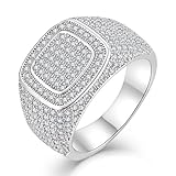 Wisbal 18K Gold Rings Cluster Diamond Band Micropave Mens Bling Ring Square Crystal Zircon Little Finger Ring for Men-Silver 12 Size Rings