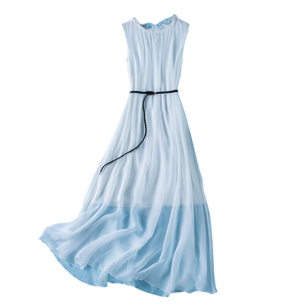 DISSA Damen Seidenkleid Einfarbiges Rundhals Ohne Arm 100% Seide Kleid Luftiges Hoch Taillierte Rüschen Knielanges Mulberry Seidenkleid,D98003