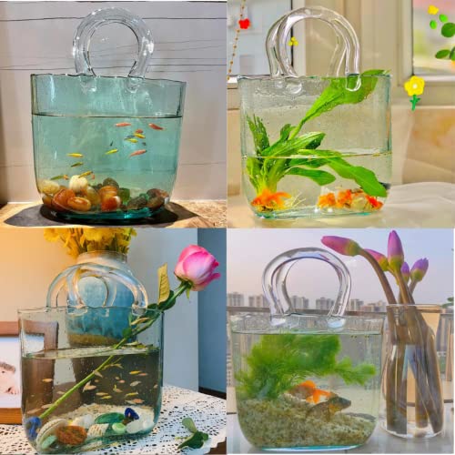 Iuibmi Glass Bag Vase For Flowers, Hand Blown Clear Purse Vase With Bubbles In It, Clear Glass Vase With Handles, Handbag Shape Flower Vase, Unique Fish Tank For Home Wedding Décor (Clear) #TOP2