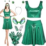 Didaey 7 Pcs Halloween Alien Costume for Women Alien Metallic Outfit Top Shirt Holographic Skirt Headband Gloves Glitter(M)