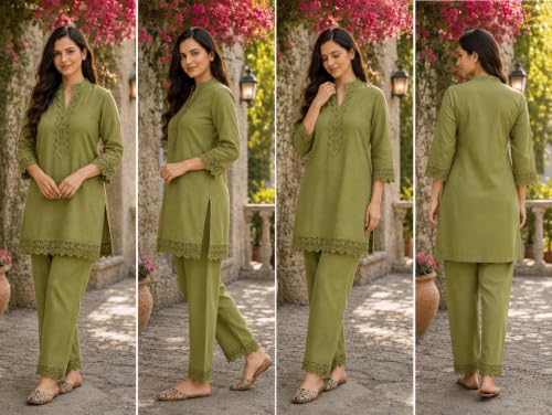 Image of Women's Pure Cotton Co-Ord Set, Green Kurta with Pant, Floral Embroidered 3 /4 Sleeve, Stylish Pocket