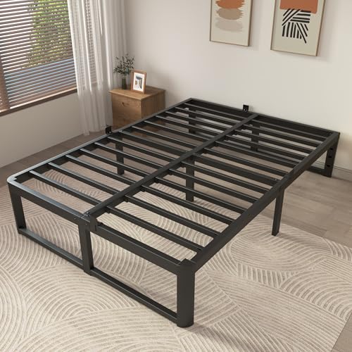 Image of ZTH Full Size Metal Platform Bed Frame 14 in, No Box Spring Needed, Black | Heavy duty support, Underbed storage, Noise-free design, Anti-slip clips, Rounded legs, Easy assembly, Headboard compatible