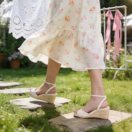 Image of Marc Ford Wedge Sandals For Women Raffia Espadrille Platform Wedges Summer Comfort Sandals Ankle Strap Stylish Open Toe Beach Vcation Raffia Wedges Heels 3 inch