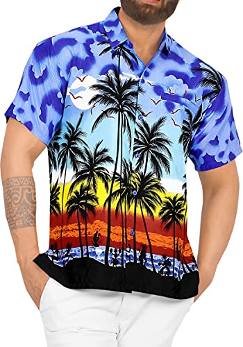 LA LEELA Men s Regular Fit Palm Tree Button Up Short Sleeve Hawaiian Shirt XXL Blue_W140