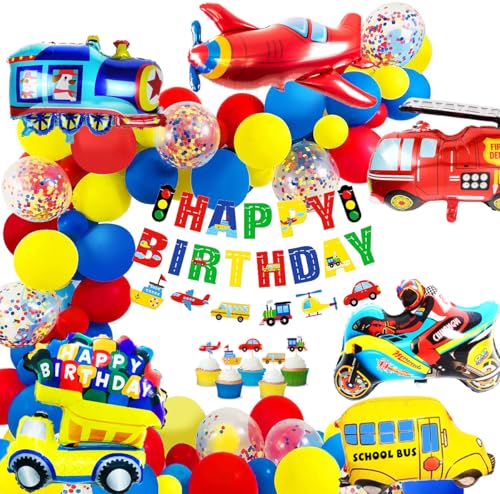 MOVINPE Transportation Birthday Decoration for Boys Happy Birthday Banner Cars School Bus Train Fire Truck Motorcycle Plane Foil Balloons Transport Vehicles Cake Topper Kids 2nd Birthday Decor