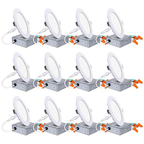 12 Pack 4 Inch Led Recessed Lighting With Junction Box, Cri90, 10.5W=80W, 850Lm, 3000K Warm White, Dimmable Wafer Light, Canless Led Recessed Ceiling Light, Etl #TOP22