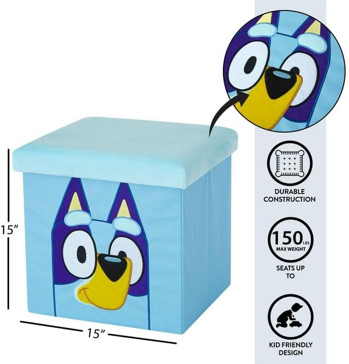 Bluey Collapsible Storage Ottoman Cube with Lid, Blue Plush Seat Storage Box Organizer for Kids Bedroom, Playroom, Closet & Living Room,15"x15"