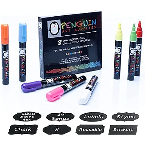 Penguin Art Supplies Fine Tip Liquid Chalk Marker (Set of 8, 3mm) - Dry Erase Markers for Whiteboard, Windows, Ceramics, Plastic, Glass, Car Decorations, Art Supplies + Added 24 Chalk Stickers Cover
