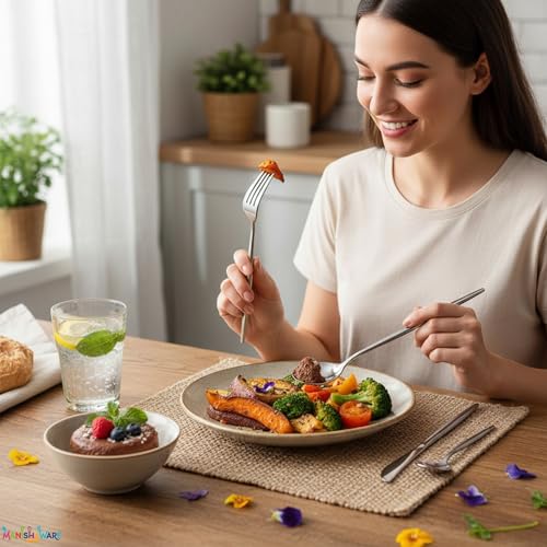 Image of Slim Handle Silver 20 Pcs Stainless Steel Cutlery Set for Dining Table, Dishwasher Safe Glossy Flatware (5 Spoon Set+5 Forks Set+5 Butter Knife+5 Dessert Spoon)