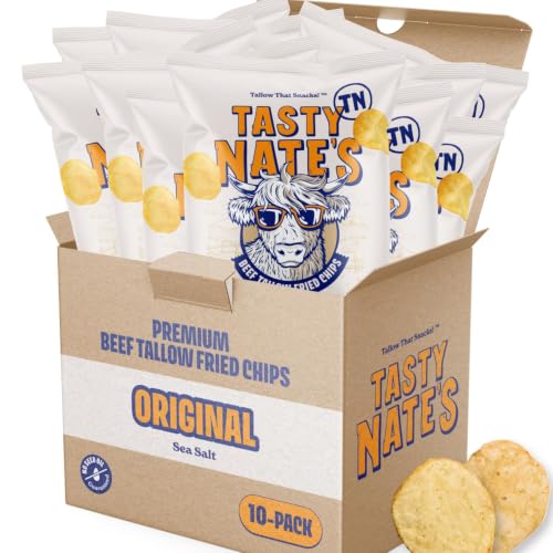 Image of Tasty Nate's Beef Tallow Potato Chips Original Sea Salt Kettle Chips Made with 100% Beef Tallow Seed Oil Free - Gluten Free Healthy Snacks Paleo Friendly 7oz Bag - Pack of 10