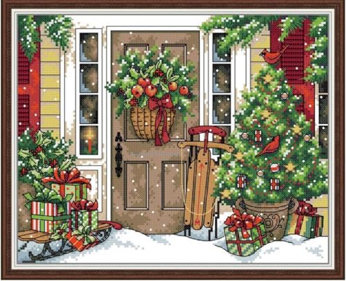 Image of Rosyfoxes Cross Stitch Kits Stamped Full Range of Embroidery Starter Kits for Beginners DIY 11CT 3 Strands -Printed kit Greet Christmas(Printed) 16.5x13.8inches