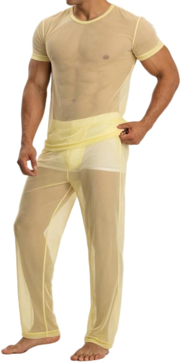 YINYOUYU Mens See Through Pajamas Set Sexy Mesh Muscle T Shirt Lounge Pants Underwear Sheer Sleepwear Clubwear