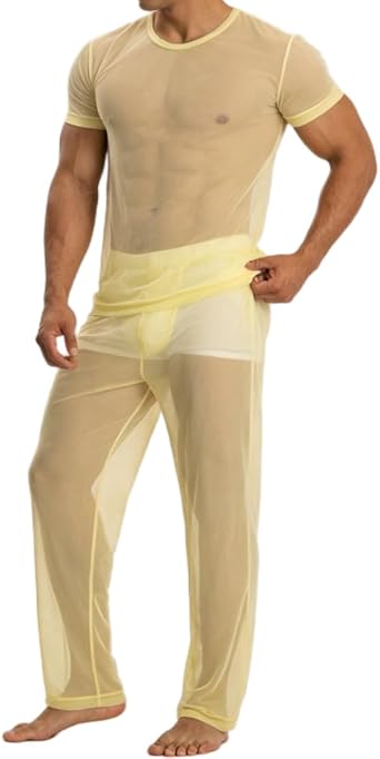 YINYOUYU Mens See Through Pajamas Set Sexy Mesh Muscle T Shirt Lounge Pants Underwear Sheer Sleepwear Clubwear