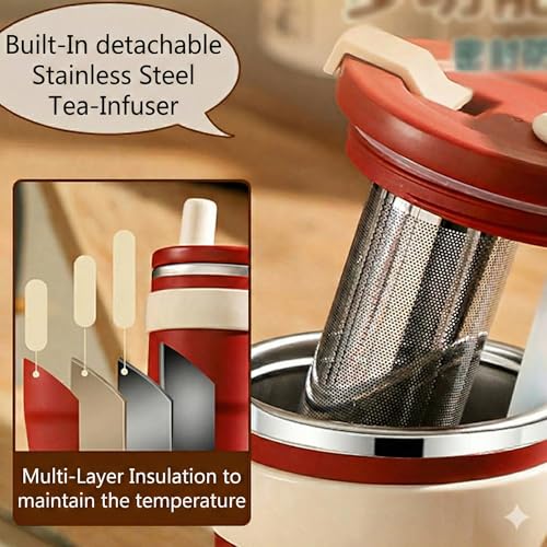 Image of Tea Infuser Travel Mug with Stainless Steel Filter & Straw, Leakproof Insulated Coffee Tumbler for Car Cup Holders, Double Wall Water Bottle, 600ML - Ruby Red