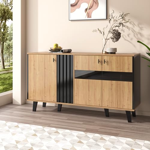 FammyLoft Sideboard with Shelves, Sideboards for Living Room, Sideborad with Glass Doors, Wood Sideboards with LED Lights, Cupboard with Storage Space for Bedroom and Kitchen, Black and Wood