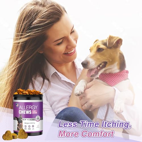 Dog Allergy Chews 200PCs - Dog Allergy and Itching Skin Relief Anti Itch Aller Immune Bites for Dogs Itching licking Paws Treatment Relief Itchy Allergy Probiotics Vitamins for Skin and Coat Allergies