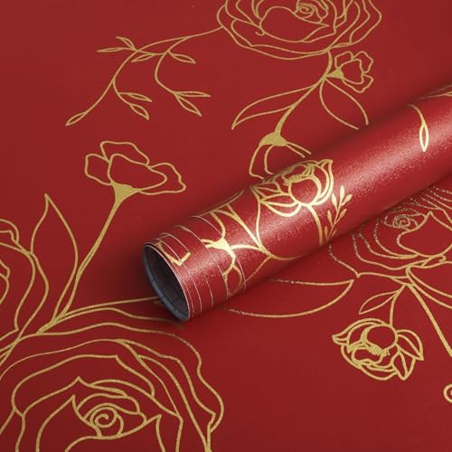 Image of Red and Gold Rose Wallpaper - Self Adhesive Peel and Stick Floral Wall Stickers, Waterproof PVC Vinyl Decorative Paper for Home, Bedroom, Living Room & Furniture (45cm x 300cm)