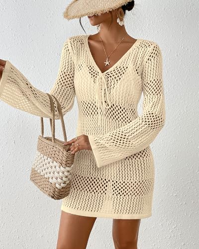Image of Bsubseach Women Swimsuit Crochet Coverup Long Sleeve V Neck Beach Dress