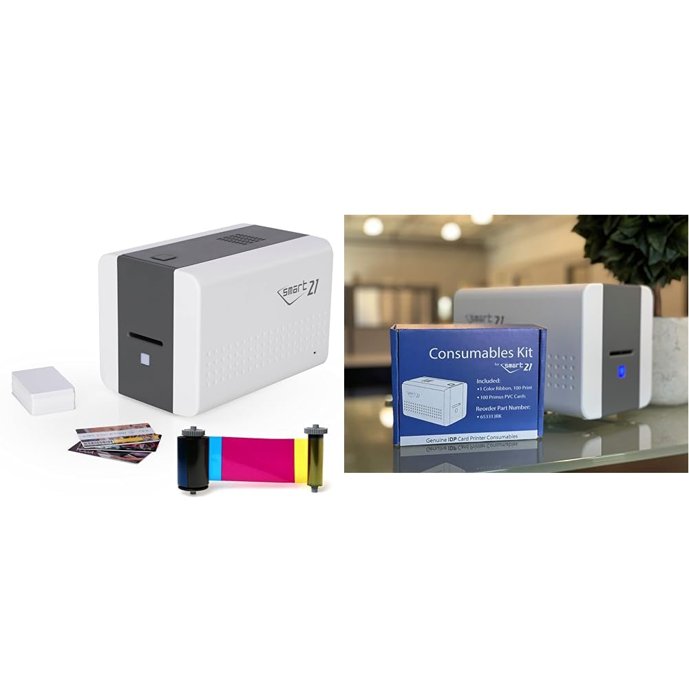 IDP SMART-21S ID Card Simplex Printer Kit with PC Only Software & IDP SMART-21 YMCKO Consumables Kit with Color Printer Ribbon, 100 Primus PVC Cards, and Cleaning Roller